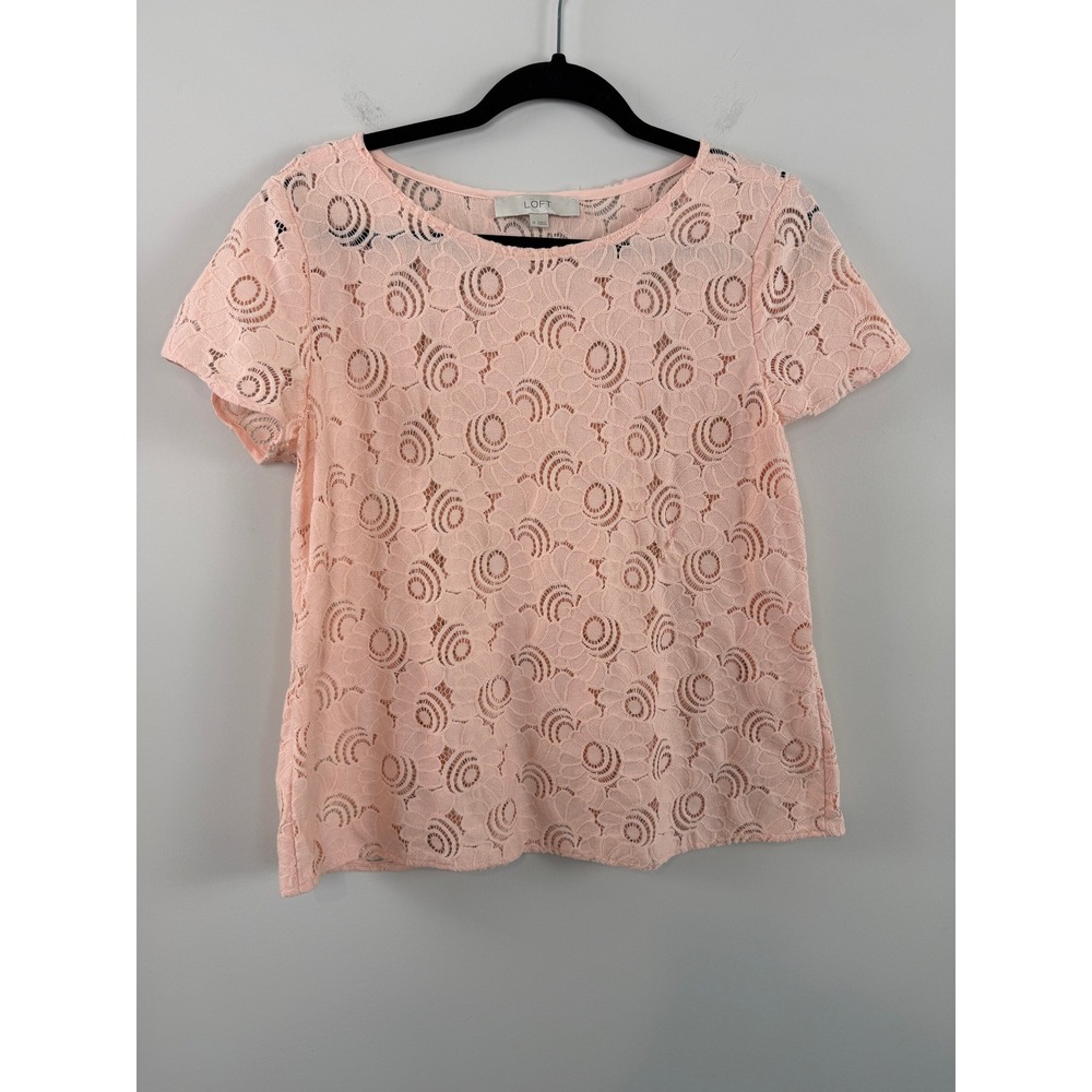 LOFT Blouse Pink M Lace Short Sleeve Peplum Floral Romantic Cottagecore
